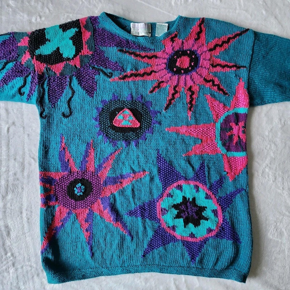 Vintage Segrets Sun Sweater Hand Knit Art Abstract Sunshine 90s Womens Medium